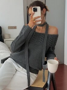 DAZY 女士露肩毛衣，宽松，高端，休闲超大套头衫，秋冬