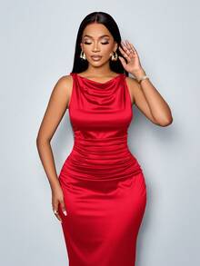 SOLERSUN Đầm dự tiệc không tay xếp nếp cổ tròn màu trơn thanh lịch dành cho nữ, hoàn hảo cho tiệc tối - Đỏ - Xem 8
