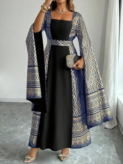 SHEIN Clasi 大码女式优雅几何图案方领开衩连衣裙，收腰设计，适合派对和度假