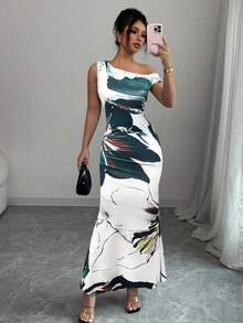 Elenzga Floral Print Asymmetrical Neck Fishtail Dress, Spring/Summer - Green - View 3