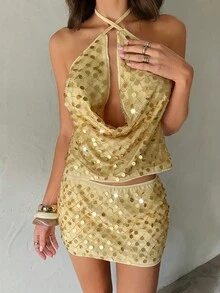 Aloruh 女士亮片迷你裙，适合派对和节日穿着 - 金色 - 查看 4