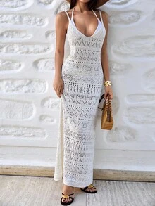 EURMUSE Women's Cream Crochet Maxi Dress – Delicate Open-Knit Lace Design, Sleeveless Bohemian-Inspired Dress Perfect For Layering And Beach Outfit - Cream - View 6
