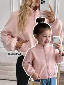 SHEIN Sweat-shirt-shirt rose à col montant tricoté, mignon et polyvalent, manches longues, automne/hiver