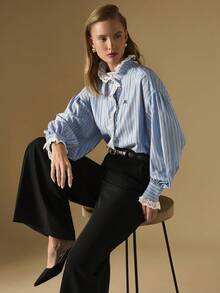 Briarwyn Women's Fashion Commuter Striped Lace Trim Blouse,,Old Money Style Women,Fall Clothes For Women - Blue - View 5