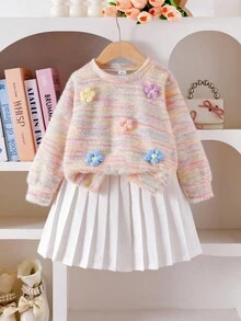 Bộ đồ 2 món gồm áo len dài tay cầu vồng in hoa 3D và chân váy xếp ly cho bé gái, dễ thương và ngọt ngào, phù hợp cho các hoạt động ngoài trời mùa thu. Quần áo mùa thu đông cho bé gái, bộ áo len và chân váy, chân váy xếp ly, áo len thêu hoa, áo len sọc pastel cho trẻ em, quần áo mùa thu đông cho bé gái, bộ đồ mùa xuân thu cho bé gái, áo len trẻ em cho bé gái, bộ chân váy mùa thu cho bé gái. - Nhiều màu - Xem 5