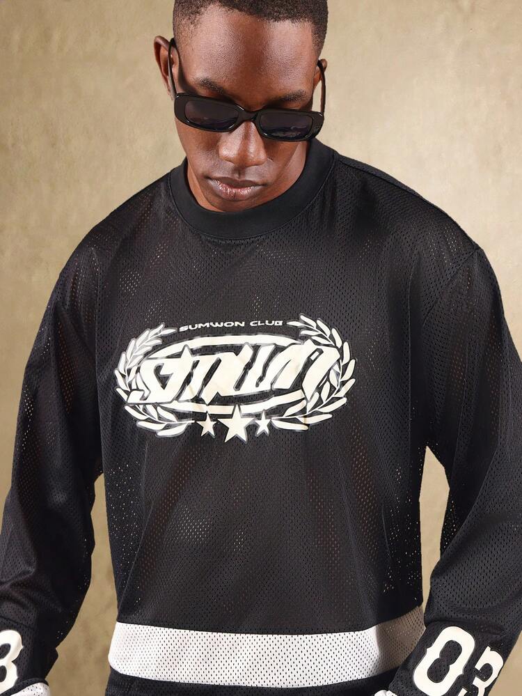 SUMWON Crop Fit Club Long Sleeve Mesh Graphic Print Jersey Athletic Fit T-Shirt With Laurel Wreath Logo Design And Numeric Detail Casual