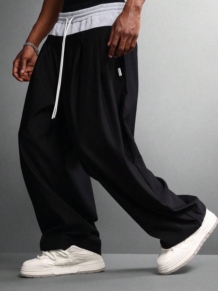 Hose mit weitem Bein und doppelter Taille, Kordelzug und Gummiband