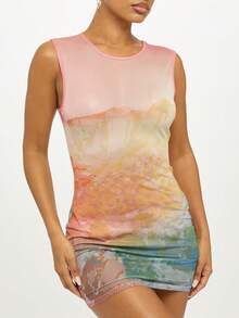 SUMWON WOMEN 水彩网眼吊带迷你连衣裙 无袖夏季派对晚宴艺术印花修身包臀时尚前卫设计 - 彩色 - 查看 4