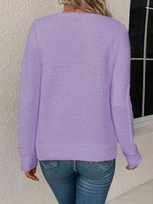 EMERY ROSE 女式纯色长袖单排扣休闲不对称羊毛开衫，秋季 - 紫色 - 查看 2