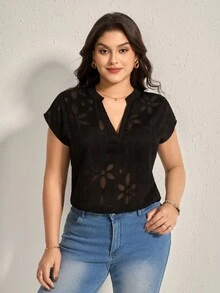 Comfylo Plus Size Cut-Out Sheer Short Sleeve Casual Top Summer Vacation Woman Easter Rave Festival Boho Women Country Women Country Concert Spring For Women Summer Western Wear Women Blouse - Black - View 2