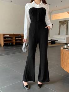 Teen Girls Black & White Patchwork Lapel Fitted Flare Jumpsuit Pants, Elegant Fitted Jumpsuit, Commuting Black & White Contrast Jumpsuit Pants Teen Girl Dress Pants Business Outfit Girls Teen Pants Suit 15 Years Old Girls Pants Suit Fall Winter - Black and White - View 5