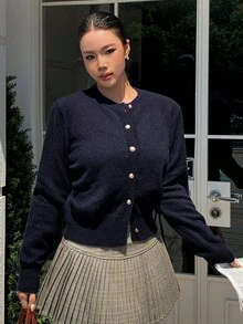 Dazy Plus Plus Size Women's Loose Fit Crew Neck Long Sleeve Cardigan Sweater, Dark Color Fall,Winter