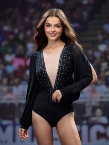 Cheerettes 撞色拼布水钻镂空长袖连体裤