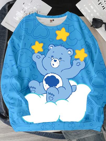 SHEIN X Care Bears Sudadera casual de talla grande con estampado de oso de dibujos animados y hombros caídos