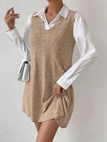 EMERY ROSE Váy len không tay cổ chữ V màu trơn dành cho nữ, mùa thu - Màu Khaki - Xem 3