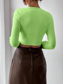 RosyDaze Women's Solid Color Round Neck Long Sleeve Cropped Fitted Pullover Sweater, Autumn - Green - View 2