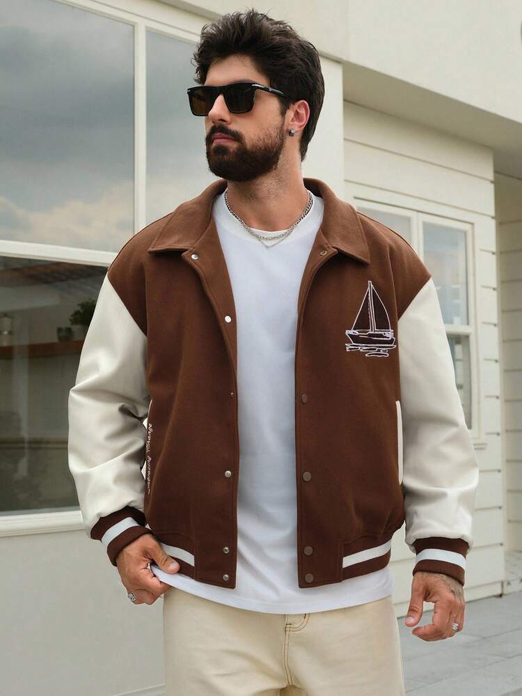 Multi-Color Patchwork Contrast Letter Embroidered Men's Jacket And Coat, Autumn