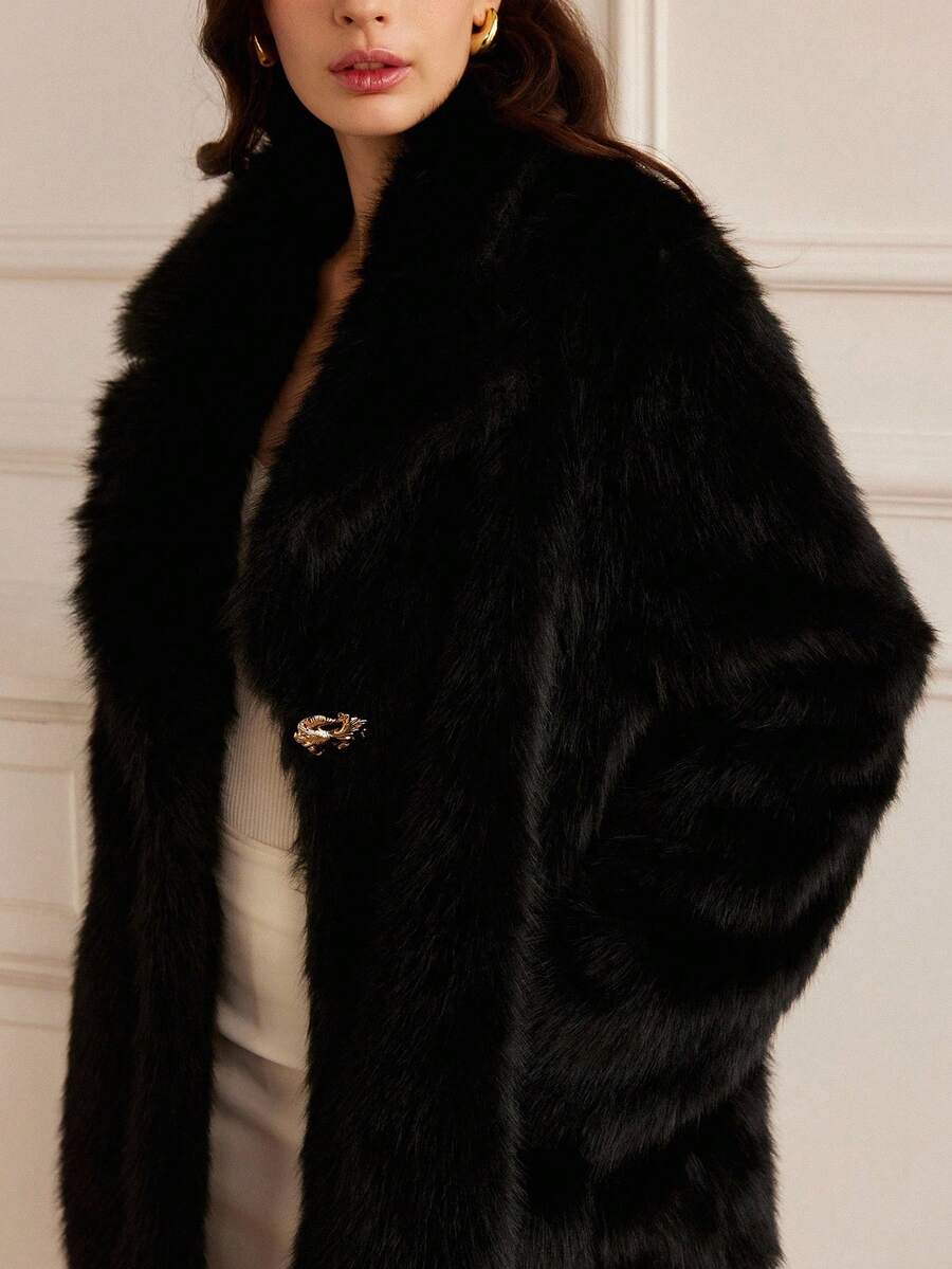 Aveloria Rosie Collar Long Sleeve Fuzzy Solid Color Midi Furry Coat