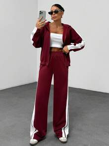 EURMUSE Women's Color Block Sweat Set – Zip Up Hooded Cropped Jacket And High Waist Wide Leg Sweatpants, Elastic Waist, Contrast Panel, Casual Two Pieces Loungewear Tracksuit, Sporty Street Style Co-Ord 2 Pieces Casual Sets Woman Two Pieces Pants Set Woman 2 Pieces Outfits Women's Two Pieces Outfits Casual Two Pieces Set - Burgundy - View 3