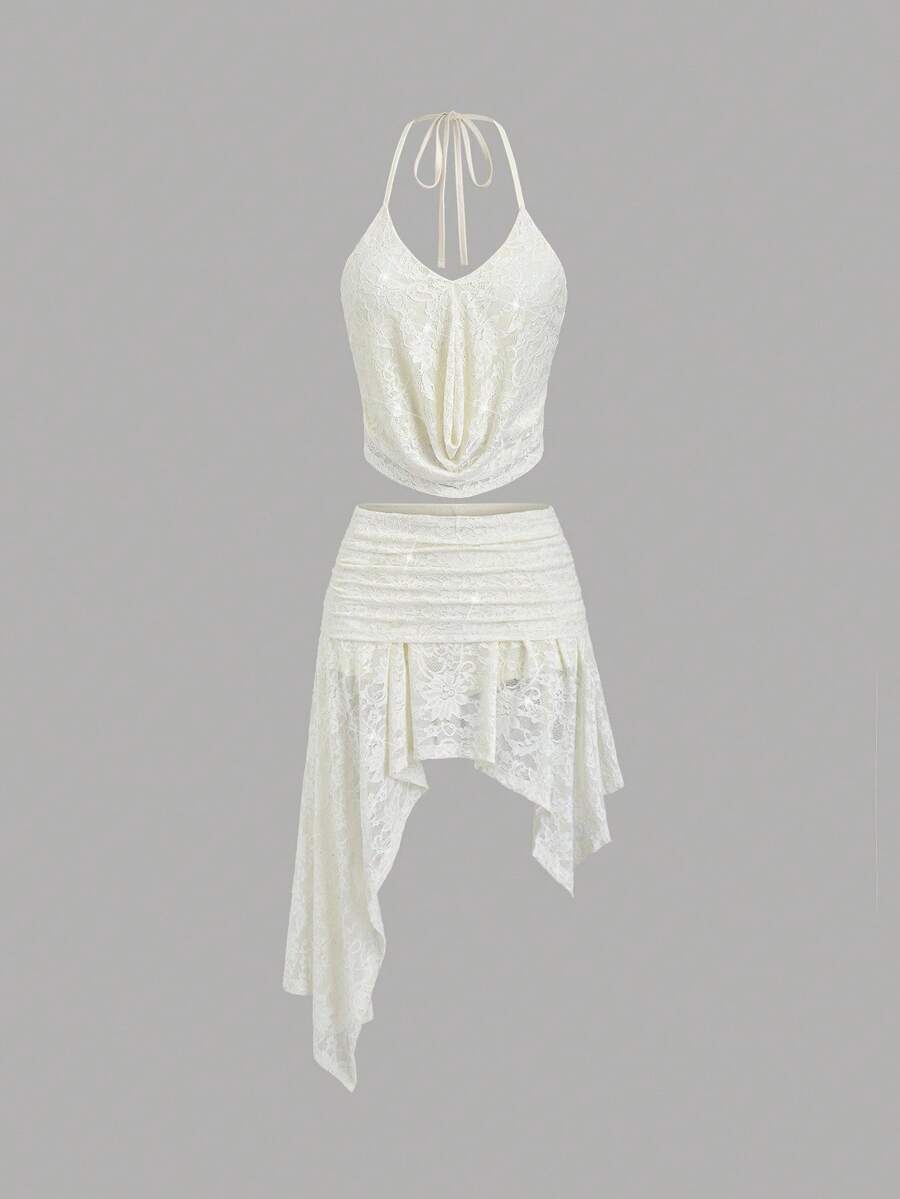 SHEIN Unity Sexy Draped Neck Asymmetrical Hem Cropped Top & Lace Sequin ...
