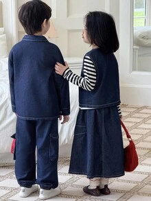 Genkimix Kids 3 件套幼儿女童休闲装：牛仔无袖背心 + 条纹针织上衣 + 工装牛仔裙，秋季 - 深色水洗藍 - 查看 2