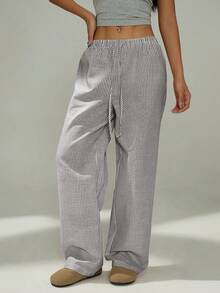 SHEIN PETITE 娇小女士粉色和白色休闲家居条纹长裤适合春夏季 - 彩色 - 查看 4