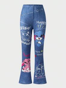 Tween Girl Cartoon & Letter Graphic Flare Leg Leggings Fall Winter - Blue - View 6