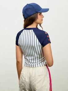 Streetz SHEIN Sport Camiseta casual de mujer con cuello en pico y estampado de rayas - Azul - View 2