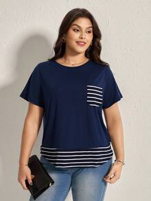 Comfylo 大码条纹拼布撞色口袋装饰休闲T恤 - 藏蓝色 - 查看 4