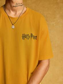 HARRY POTTER X SHEIN Men's Casual Loose Fit Animal Badge & Letter Print Drop Shoulder Short Sleeve T-Shirt, Summer