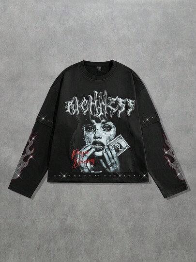 Street Life Camiseta de manga larga con estampado de llama y retrato de diamantes brillantes y patchwork, estilo de los años 2000, otoño