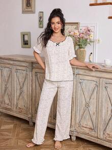 CottageSlumber 黑色碎花泡泡褶皱女式睡衣套装 - 杏色 - 查看 5