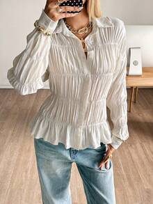 Siren Gaze 1 pieza Camisa de mujer de unicolor con pliegues y manga larga, apta para todas las estaciones, otoño/invierno