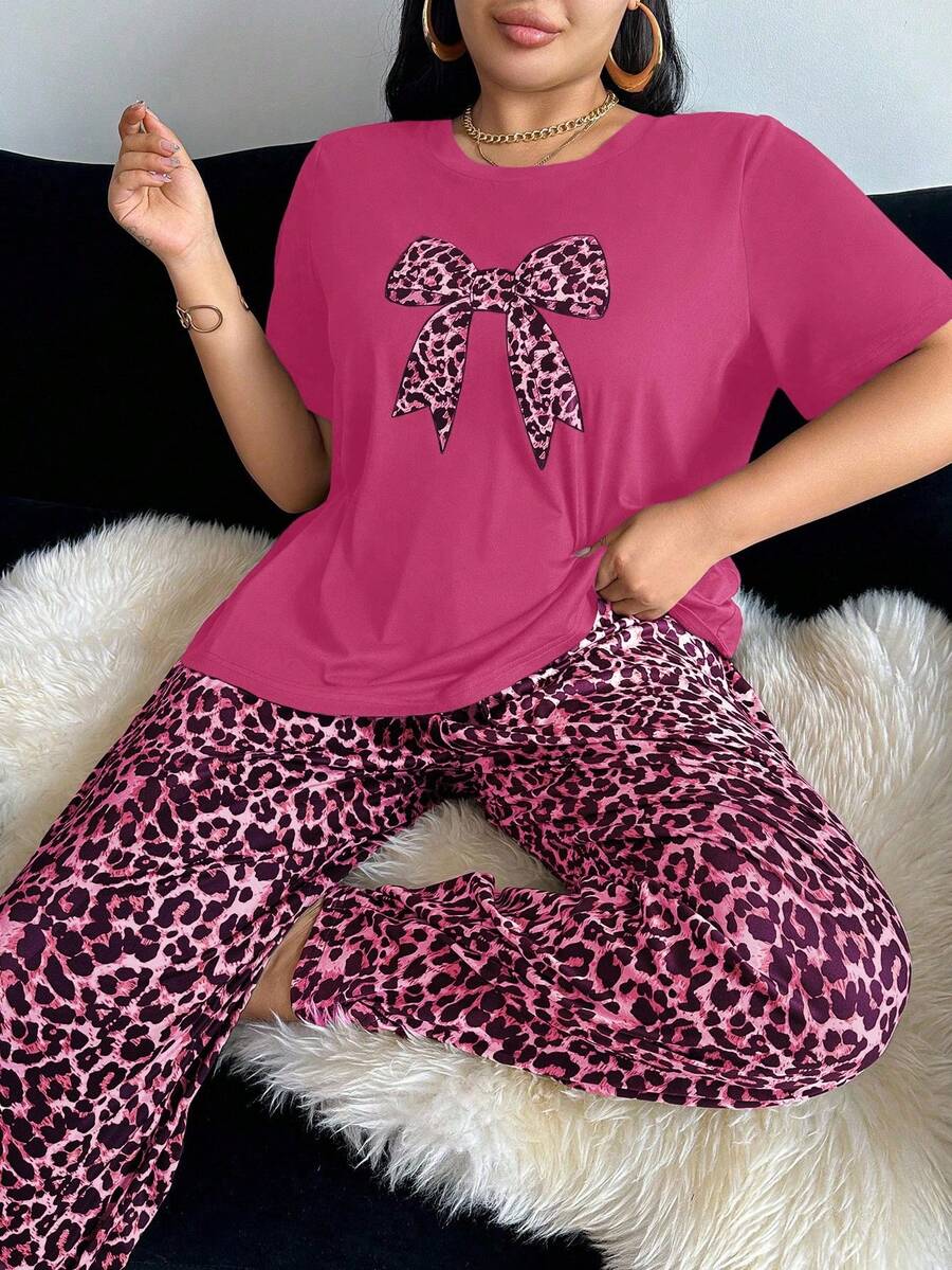 SHEIN Leopard Print Bow Decor Round Neck Short Sleeve Pajama Set - Hot Pink - View 1