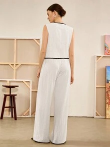 Chiquease Women's Spring/Autumn Bohemian Button Decor V-Neck Short Vest Matched With Long Wide-Leg Pants Commuter Outfit, Apricot Tweed Contrast Color Set - Apricot - View 2