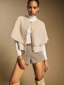 Poéselle 卡其色斗篷开衫毛衣，女士羊毛混纺纽扣前开披肩式开衫毛衣 – 舒适短款斗篷式外套，斗篷毛衣，斗篷开衫，短款开衫，中性针织衫，简约冬季，复古风格，简约休闲纯色手工串珠开衫，中性色，女士秋季短款开衫，女士夏季毛衣，秋冬 - 卡其色 - 查看 4