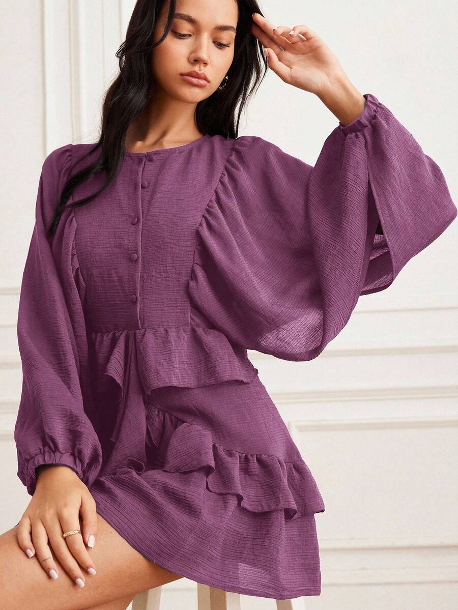 EMERY ROSE Women's Autumn/Winter New Lantern Sleeve Solid Coffee Color Loose Round Neck Versatile Button Layered Ruffle Hem Long Sleeve Flowy Mini Dress - Purple - View 1
