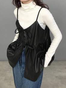 FRIFUL 女式纯黑色 PU 面料系带抽绳宽松百搭分层休闲吊带背心，适合机场旅行、休闲外出、度假 - 黑色 - 查看 5