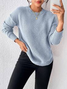 EMERY ROSE 女式休闲宽松落肩圆领长袖纯色毛衣，秋季 - 淺藍色 - 查看 6