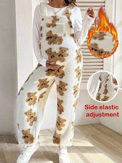 SHEIN Bộ đồ liền thân bằng vải nhung họa tiết gấu dành cho phụ nữ mang thai