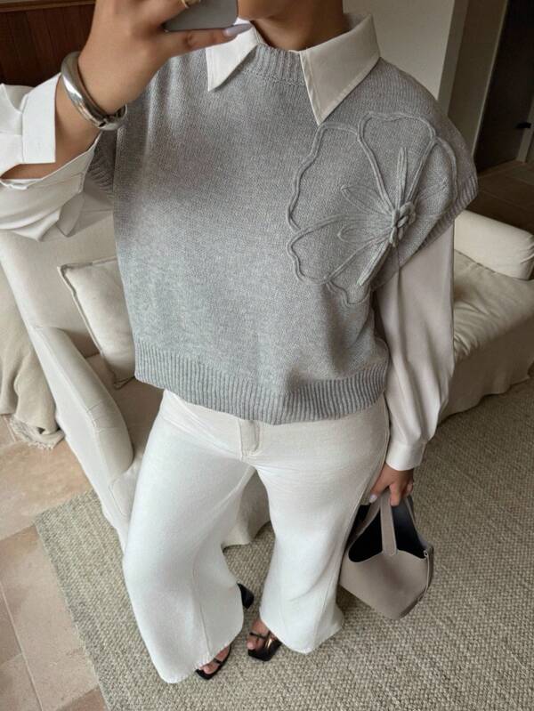 Dripcurv 大码休闲优雅3D花卉圆领蝙蝠袖宽松针织毛衣