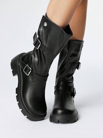 Grunge Punk Women's Black Zipper Back Chunky Heel Riding Boots, Low Heel Motorcycle Boots With Belt Buckle, Mid-Calf Boots