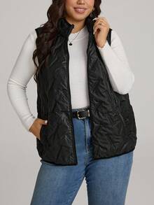 Comfylo Plus Size Solid Color Front Zip Sleeveless Pocket Casual Padded Coat, Daily Wear Winter Fall Autumn