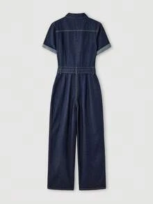 Maija 女士休闲牛仔连体裤，适合夏季通勤 - 深色水洗藍 - 查看 5