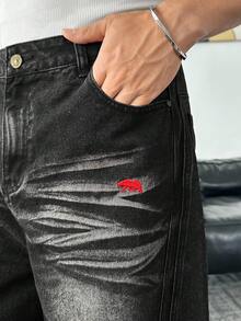 ESTAVOR Quần jean denim ống rộng dáng dài, dáng rộng, có túi thêu hình động vật dành cho nam - Màu xám đen - Xem 4