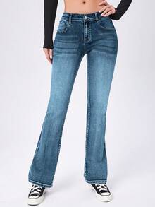 SHEIN Cottnline سراويل جينز نسائية ذات خصر منخفض وجرس واسع مع جيوب للاستخدام اليومي - ازرق ضبابي - مشاهدة 3