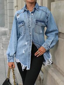 EURMUSE 女式休闲时尚街头风格翻盖口袋做旧超大牛仔夹克，春秋季 - 淺色水洗藍 - 查看 6