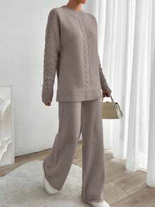 EURMUSE Women's Autumn Cable Pattern Raglan Sleeve Sweater And Knit Pants Casual 2 Pieces Set - Mocha Brown - View 4
