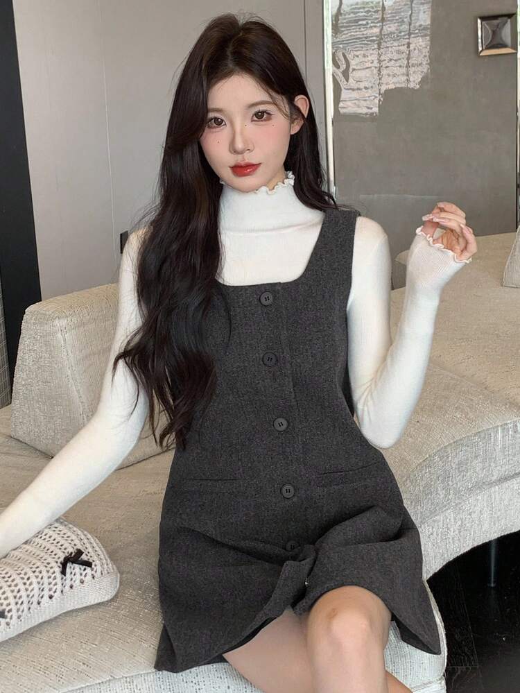 Women's Casual Solid Color Front Button Sleeveless Mid-Length Dress, Autumn/Winter Maxi Dress
