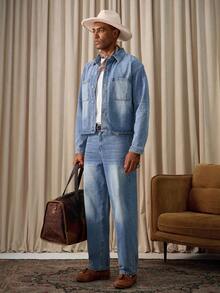 RivetRise 男士浅蓝色牛仔两件套，休闲宽松夹克和阔腿牛仔裤，男友和丈夫，秋季服装